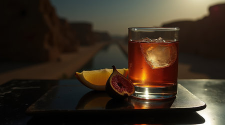 A refreshing glass of arak with ice sits alongside lemon and fig, set against the stunning Negev Desert sunset.の素材