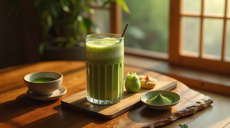 A refreshing glass of matcha latte sits on a wooden table in a tranquil tea house, surrounded by traditional decor and delicate snacks.の素材
