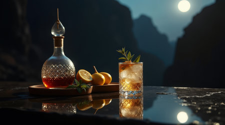 Sipping a refreshing glass of arak with lemon while Petra's ancient beauty glows in the sunset light.の素材