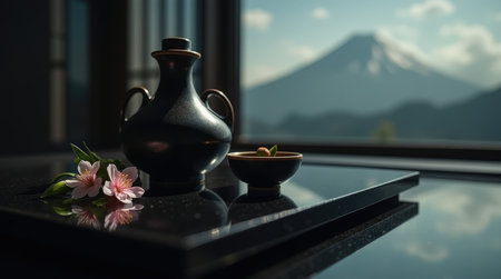 Ceramic tokkuri and ochoko filled with sake sit beside cherry blossoms, framed by the magnificent Mount Fuji in the distance.の素材