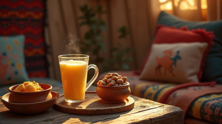 In a cozy yurt adorned with traditional touches, a wooden mug of shubat sits beside snacks, capturing cultural heritage and hospitality.の素材