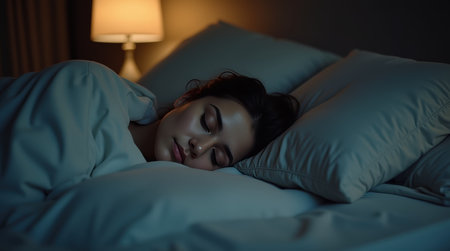 A woman rests peacefully in a cozy bed, wrapped in soft bedding under the gentle glow of a bedside lamp.の素材