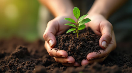 Two hands gently cradle a small green plant emerging from dark soil in a natural setting, symbolizing growth and care for the environment.の素材