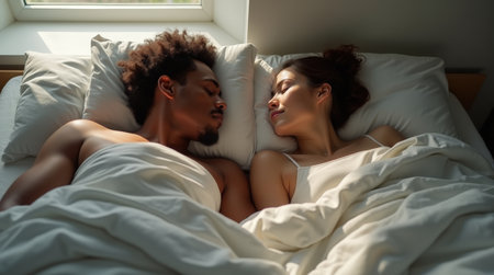 A young couple lies side by side in bed, enjoying a serene moment as sunlight streams through the window.の素材