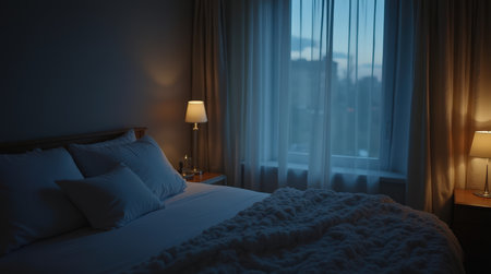 A serene bedroom with soft pillows and blankets, illuminated by warm lamps as dusk settles outside the window.の素材