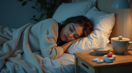 A young woman rests soundly in a warmly lit bedroom, wrapped in a soft blanket, surrounded by nighttime tranquility.の素材