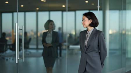 A businesswoman stands confidently in a sleek corporate office, with city views at sunset illuminating the space.の素材