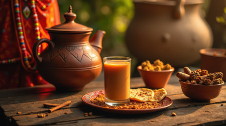 In a Maasai village in Kenya, a clay pot brews chai masala, served with delicious accompaniments for a cultural experience.の素材