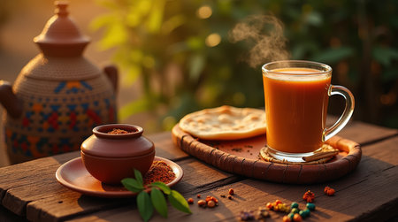 In a vibrant Maasai village, steaming chai masala sits elegantly in a glass near a traditional clay pot, showing local culture and flavors.の素材