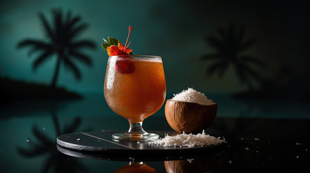 Enjoying a coconut shell goblet filled with palm sap drink near lagoons and palm trees in Kiribati's stunning scenery.の素材