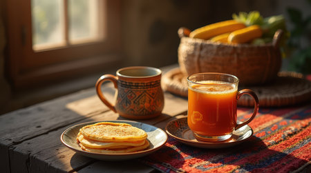 Enjoying a traditional fermented boza drink in a kulla setting with homemade pancakes on a rustic table bathed in warm light.の素材