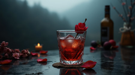 Enjoy traditional fruit brandy in an etched glass, surrounded by candlelight and scenic Rugova Mountains at dusk.の素材