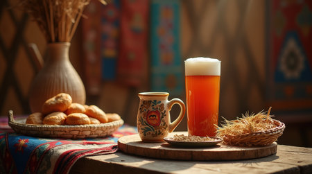 A ceramic mug filled with maksym sits atop a wooden table in a yurt, accompanied by bread and grains, highlighting Kyrgyz culture and hospitality.の素材