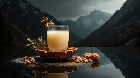 A traditional bowl of kumis rests on a reflective surface with the Tien Shan Mountains looming in the background at twilight.の素材