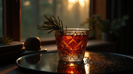 An amber goblet holds traditional herbal liqueur with a scenic Gauja River Valley backdrop. Soft light enhances the warm tones of the drink.の素材