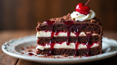 A beautifully plated slice of schwarzwalder kirschtorte features layers of chocolate, cream, and cherry compote, perfect for dessert lovers.の素材