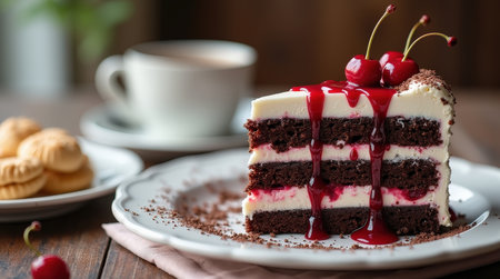 A decadent slice of schwarzwalder kirschtorte topped with cherries and syrup alongside a cup of coffee and cookies on a wooden table.の素材