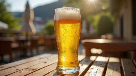 A tall glass of golden unfiltered weizenbier sits on a wooden table, glistening in the warm sunlight of a pleasant afternoon.の素材