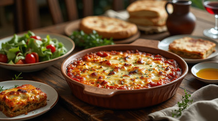 A beautifully arranged table displays a rustic Greek meal with layered moussaka, fresh salad, and traditional bread.の素材