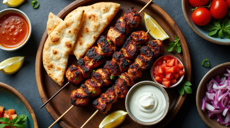 Grilled pork skewers are served on a wooden platter alongside fresh vegetables, sauces, and pita bread, creating a vibrant meal experience.の素材