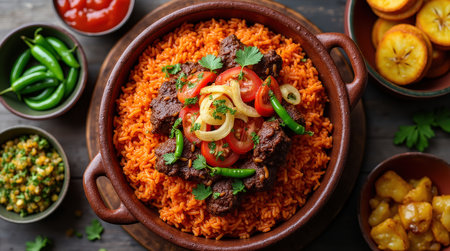 Guinean-Bissau jollof rice presented in a large bowl, adorned with tender meat, vegetables, and colorful garnishes for an enticing meal.の素材