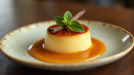 Silky pudim de leite is presented on a rustic plate, topped with caramel sauce and fresh mint, showcasing an inviting dessert experience.の素材