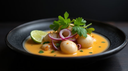 This features dish sopa de caracol enriched with coconut, garnished with fresh herbs and lime, served in an elegant black bowl.の素材