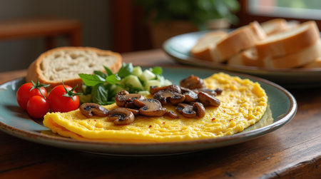 Enjoy a hearty Moldovan breakfast featuring a fluffy omelet filled with sauteed mushrooms, accompanied by fresh tomatoes, cucumber, and bread.の素材