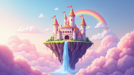 A whimsical floating castle surrounded by clouds, featuring a majestic waterfall and a vibrant rainbow under a serene sky.の素材