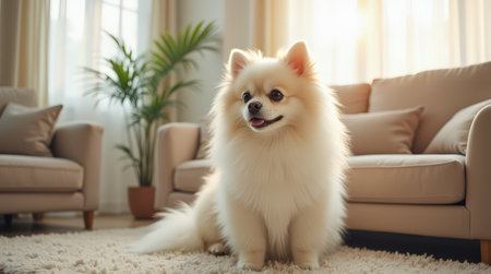 A cute Pomeranian sits on a plush rug in a bright living room, basking in the warm sunlight that streams through the windows.の素材
