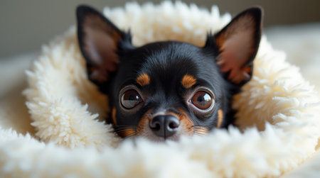 A small dog is nestled in a soft blanket, gazing curiously with big expressive eyes in a cozy indoor setting.の素材