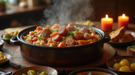 A large pot of bigos simmers on a wooden table, showcasing hearty ingredients and aromatic steam, surrounded by cozy ambiance and candlelight.の素材