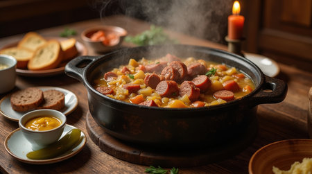 A large rustic pot filled with bigos, a traditional Polish hunters stew, steams on a wooden table with various accompaniments.の素材