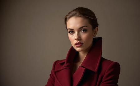 A woman with striking poses confidently, wearing a deep red coat and showing natural beauty in soft lighting.の素材