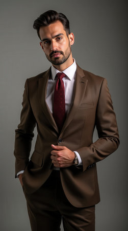 A well-dressed man stands elegantly in a brown suit, showing his sophisticated style against a neutral background.の素材