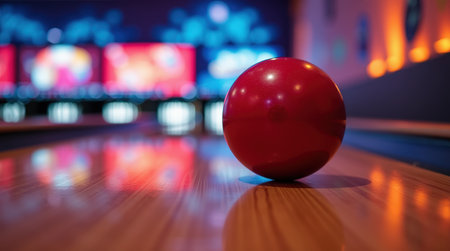 A red bowling ball rests on a shiny wooden lane, illuminated by colorful lights from screens and decor in a busy bowling alley.の素材