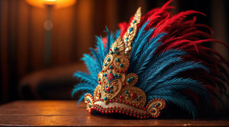 Brightly colored feather headdress with intricate patterns rests on a wooden table, illuminated by soft, warm ambiance.の素材