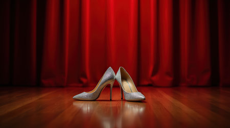 Shimmering high heels rest on a polished wooden stage, contrasting against a rich red curtain, suggesting a glamorous performance awaits.の素材