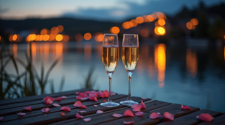 Two champagne glasses sit on a wooden table near a tranquil lake, surrounded by rose petals and softened evening lights reflecting on the water.の素材