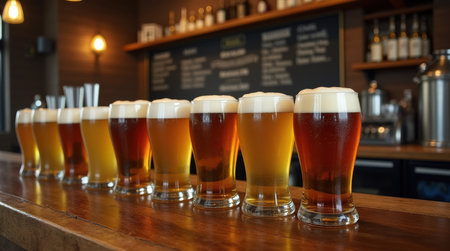 A selection of different beer varieties sits on a wooden bar counter in a brewery. The distinct colors and textures highlight each unique brew.の素材