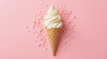 A delicious vanilla ice cream cone is topped with fluffy whipped cream and colorful sprinkles, set against a soft pink backdrop.の素材