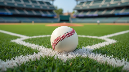 A baseball lies on the bright green grass in an empty stadium, illuminated by daylight, showcasing the field in pristine condition.の素材