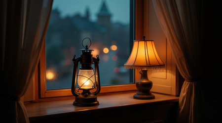 A lantern emits warm light next to a lamp on a windowsill, creating an inviting atmosphere as dusk falls outside.の素材