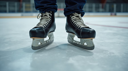A skater balances on ice in black hockey skates, showcasing precision and skill during practice in a lively indoor arena.の素材
