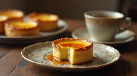 A creamy custard tart sits on a decorative plate next to a warm cup of coffee, set on a wooden table, inviting a delightful treat.の素材