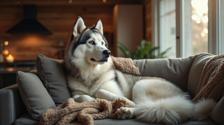 A beautiful husky lounges on a soft couch surrounded by warm lighting and a cozy atmosphere, capturing the essence of home comfort.の素材