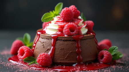 A chocolate cake topped with raspberry sauce and garnished with fresh raspberries and mint leaves is showcased on a dark surface.の素材