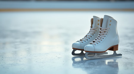 White ice skates rest on a glistening ice rink, highlighting their elegant design and inviting the thrill of skating during winter.の素材