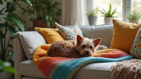A small dog relaxes on a vibrant blanket in a sunny living room adorned with plants and decorative cushions.の素材