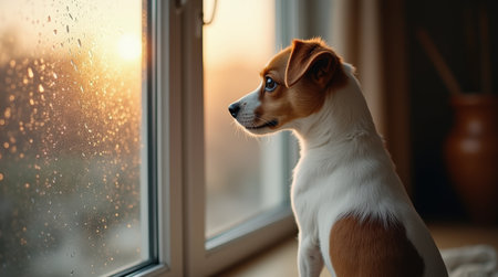A small dog looks intently out a window during a rainy sunset, reflecting a sense of curiosity and tranquility.の素材